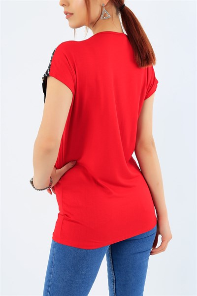 Kırmızı Likralı Pul İşlemeli Bluz 31843