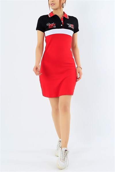 Kırmızı Likralı Şerit Detay Yakalı Elbise 31687