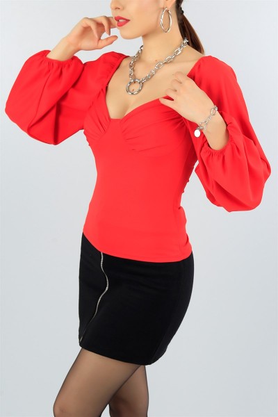 Kırmızı Likralı Tasarım Bluz 43414