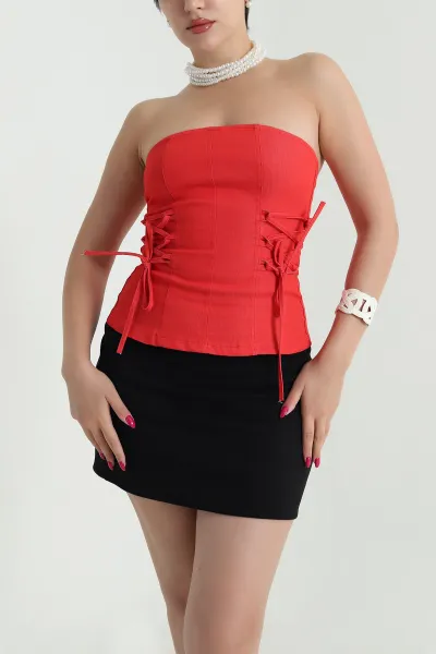 Kırmızı Likralı Tensel Kot Straplez Kadın Bluz 475333