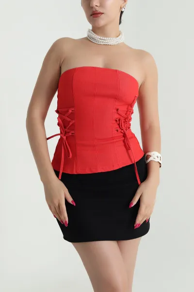 Kırmızı Likralı Tensel Kot Straplez Kadın Bluz 475333