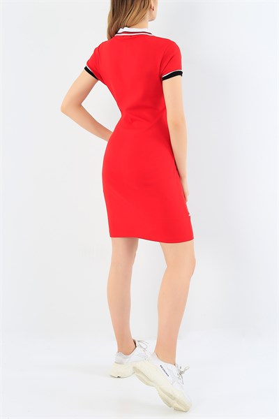 Kırmızı Likralı Yakalı Elbise 29651B
