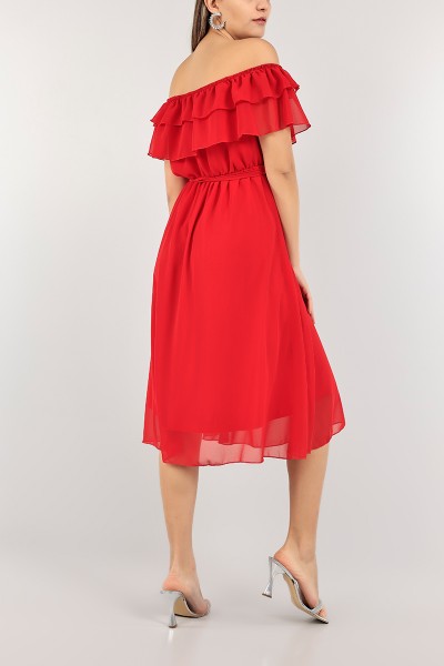 Kırmızı Madonna Yaka Astarlı Şifon Elbise 106301