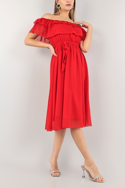 Kırmızı Madonna Yaka Astarlı Şifon Elbise 106301