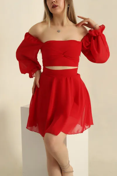 Kırmızı Madonna Yaka Şifon Elbise 265672