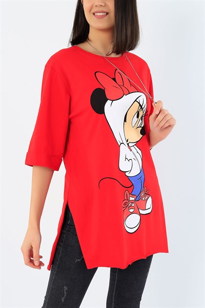 Kırmızı Minnie Mouse Baskılı Bayan Tişört 32244