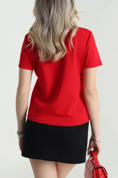Kırmızı Modal Nakış Detay Kadın Tişört 478334