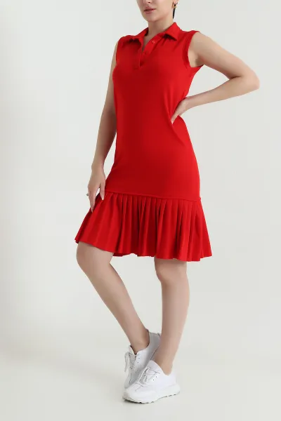 Kırmızı Modal Piliseli Polo Yaka Kadın Elbise 468208