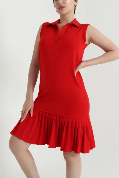 Kırmızı Modal Piliseli Polo Yaka Kadın Elbise 468208