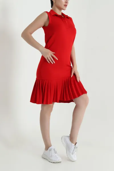 Kırmızı Modal Piliseli Polo Yaka Kadın Elbise 468208