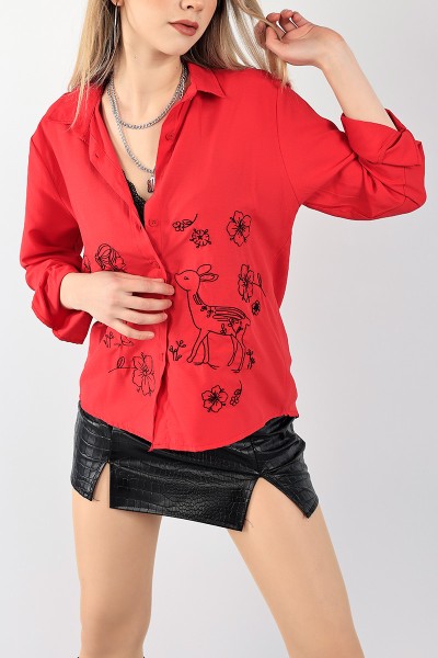 Kırmızı Nakış İşlemeli Dokuma Gömlek 99029