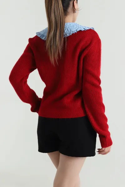 Kırmızı Nakışlı Bebe Yaka Kadın Triko Hırka 491048