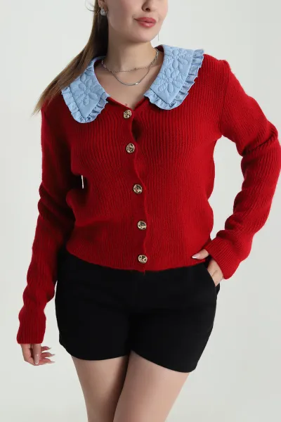 Kırmızı Nakışlı Bebe Yaka Kadın Triko Hırka 491048
