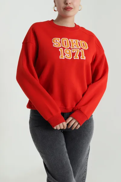Kırmızı Nakışlı Şardonlu Üç İp Kadın Sweat 493601