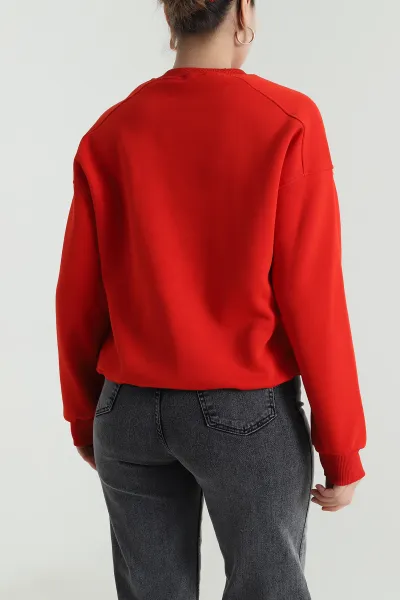 Kırmızı Nakışlı Şardonlu Üç İp Kadın Sweat 493601