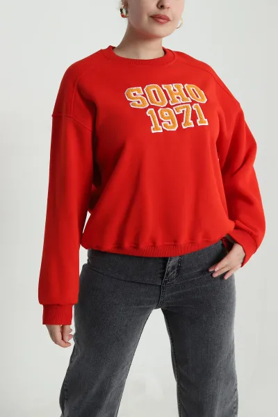 Kırmızı Nakışlı Şardonlu Üç İp Kadın Sweat 493601