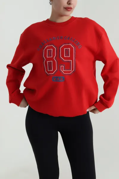 Kırmızı Nakışlı Şardonlu Üç İp Kadın Sweat 498789