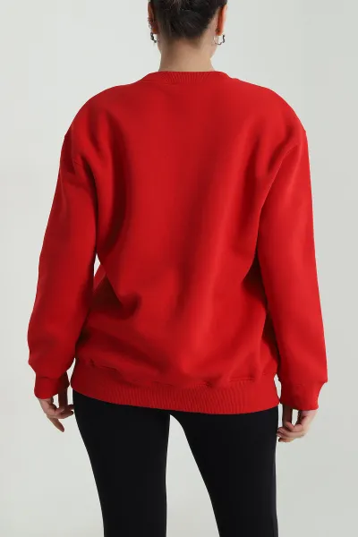 Kırmızı Nakışlı Şardonlu Üç İp Kadın Sweat 498789