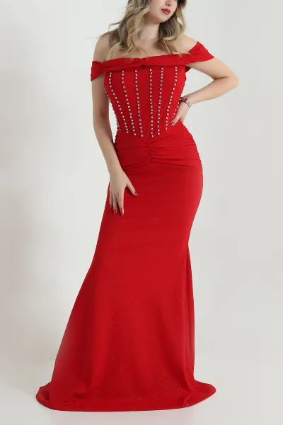 Kırmızı Omuz Dekolte Balık Model Simli Krep Kadın Abiye 473359