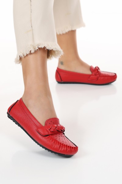 Kırmızı Örgü Kemer Kadın Babet Ayakkabı 120626