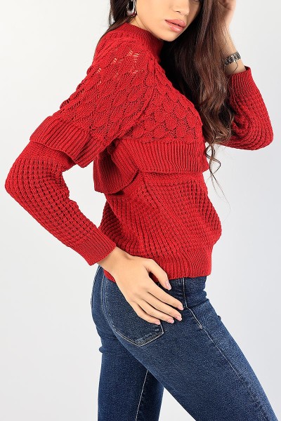 Kırmızı Örme Triko Bayan Kazak 83855