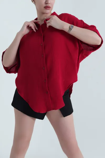 Kırmızı Oval Kesim Oversize Müslin Keten Kadın Gömlek 447000