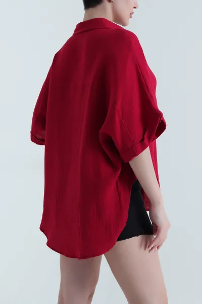 Kırmızı Oval Kesim Oversize Müslin Keten Kadın Gömlek 447000