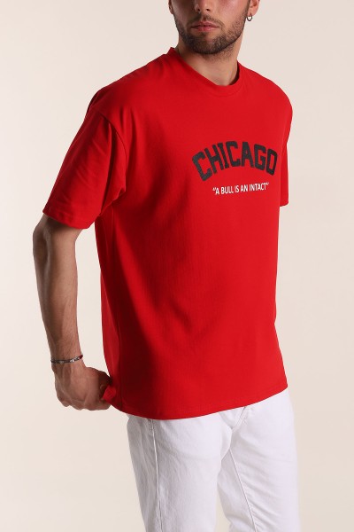 Kırmızı Oversize Chicago Baskılı Erkek Tişört 181405
