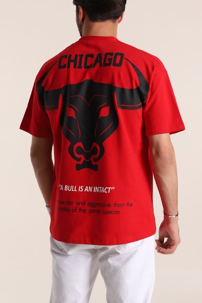 Kırmızı Oversize Chicago Baskılı Erkek Tişört 181405