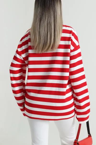 Kırmızı Oversize Çizgili Nakışlı Oysho Kadın Sweat 492880