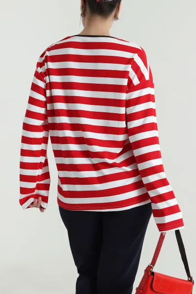 Kırmızı Oversize Çizgili Nakışlı Oysho Kadın Sweat 492884