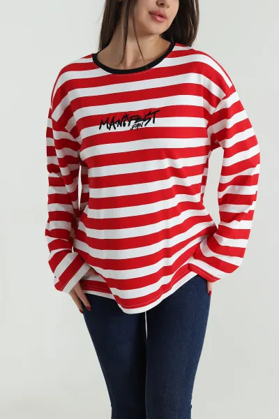 Kırmızı Oversize Çizgili Nakışlı Oysho Kadın Sweat 492888