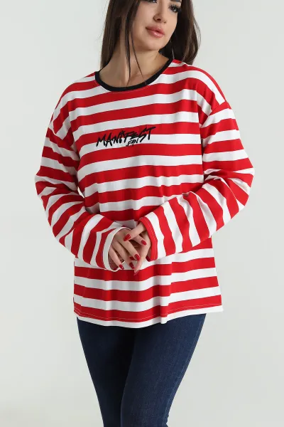 Kırmızı Oversize Çizgili Nakışlı Oysho Kadın Sweat 492888