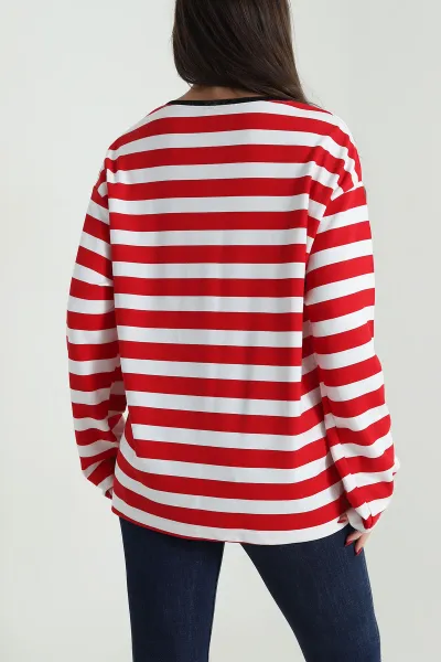 Kırmızı Oversize Çizgili Nakışlı Oysho Kadın Sweat 492888