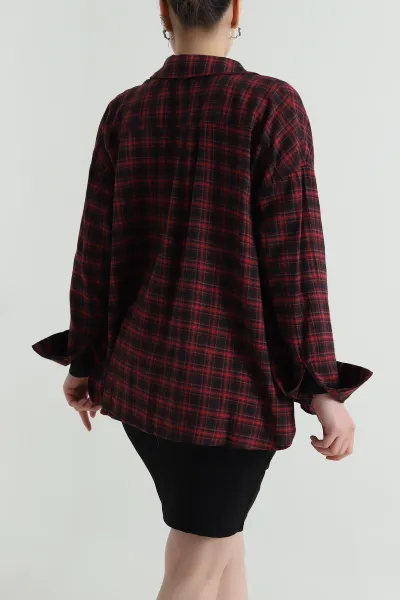 Kırmızı Oversize Ekose Kadın Gömlek 496840