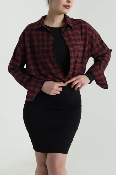 Kırmızı Oversize Ekose Kadın Gömlek 496840