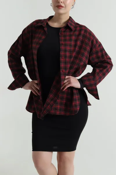 Kırmızı Oversize Ekose Kadın Gömlek 496840