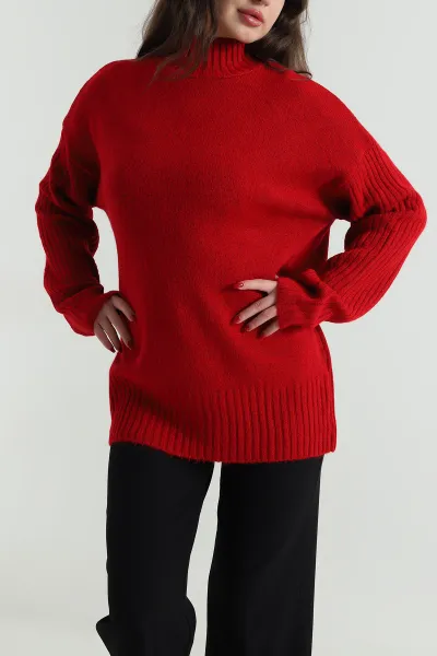 Kırmızı Oversize Kadın Triko Kazak 496028