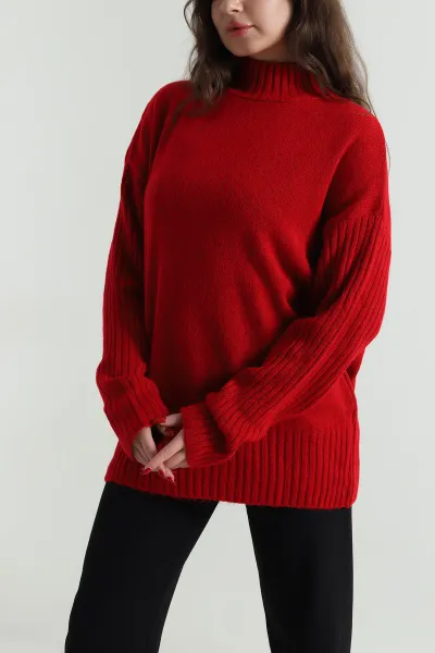 Kırmızı Oversize Kadın Triko Kazak 496028