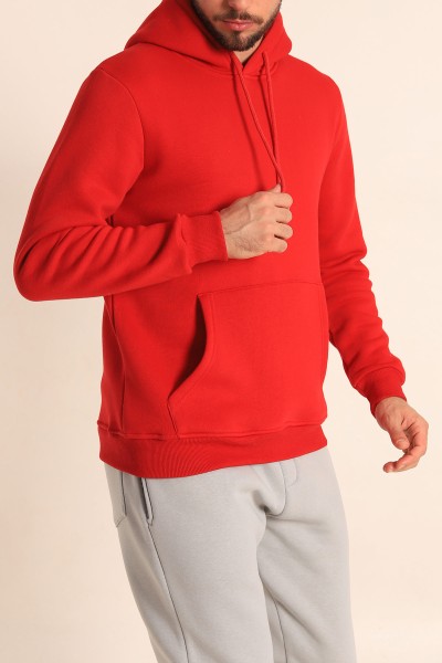 Kırmızı Oversize Üç İp Şardonlu Basic Kapüşonlu Erkek Sweatshirt 222527