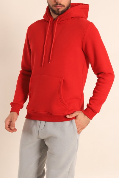 Kırmızı Oversize Üç İp Şardonlu Basic Kapüşonlu Erkek Sweatshirt 222527
