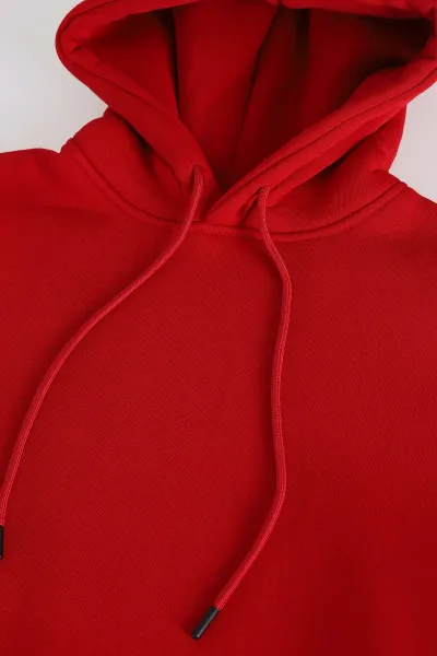 Kırmızı Oversize Üç İp Şardonlu Erkek Basic Kapüşonlu Sweatshirt 398907