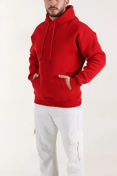 Kırmızı Oversize Üç İp Şardonlu Erkek Basic Kapüşonlu Sweatshirt 398907