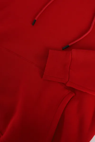 Kırmızı Oversize Üç İp Şardonlu Erkek Basic Kapüşonlu Sweatshirt 398907