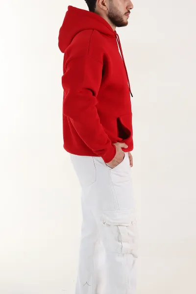 Kırmızı Oversize Üç İp Şardonlu Erkek Basic Kapüşonlu Sweatshirt 398907