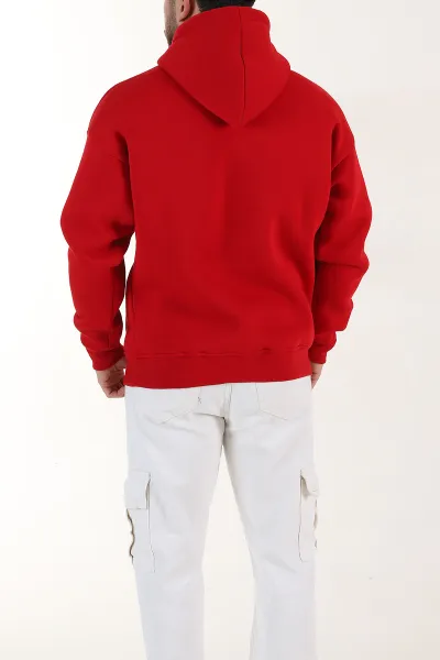 Kırmızı Oversize Üç İp Şardonlu Erkek Basic Kapüşonlu Sweatshirt 398907