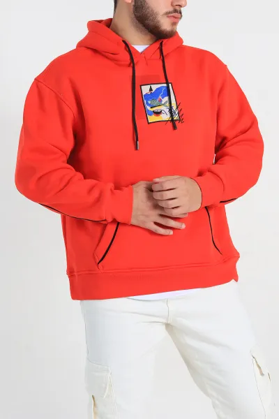 Kırmızı Oversize Üç İp Şardonlu Kabartma Baskı Detaylı Kapüşonlu Sweatshirt 307219