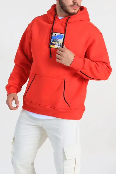 Kırmızı Oversize Üç İp Şardonlu Kabartma Baskı Detaylı Kapüşonlu Sweatshirt 307219