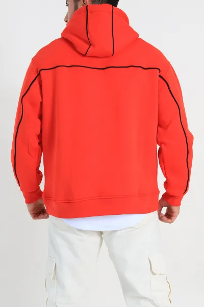Kırmızı Oversize Üç İp Şardonlu Kabartma Baskı Detaylı Kapüşonlu Sweatshirt 307219