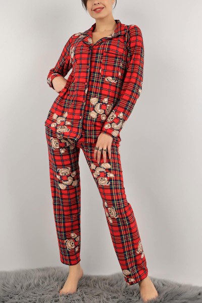 Kırmızı Desenli Süet Bayan Pijama Takımı 140838